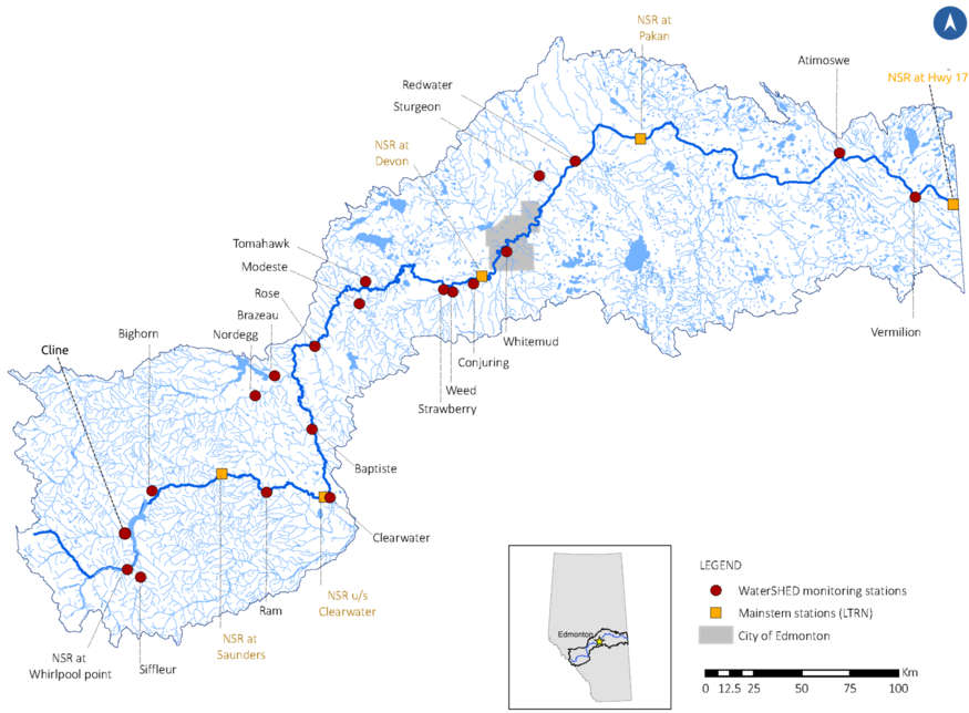 Map of the 20 SaskWatch tributary monitoring stations and five long-standing mainstem stations
