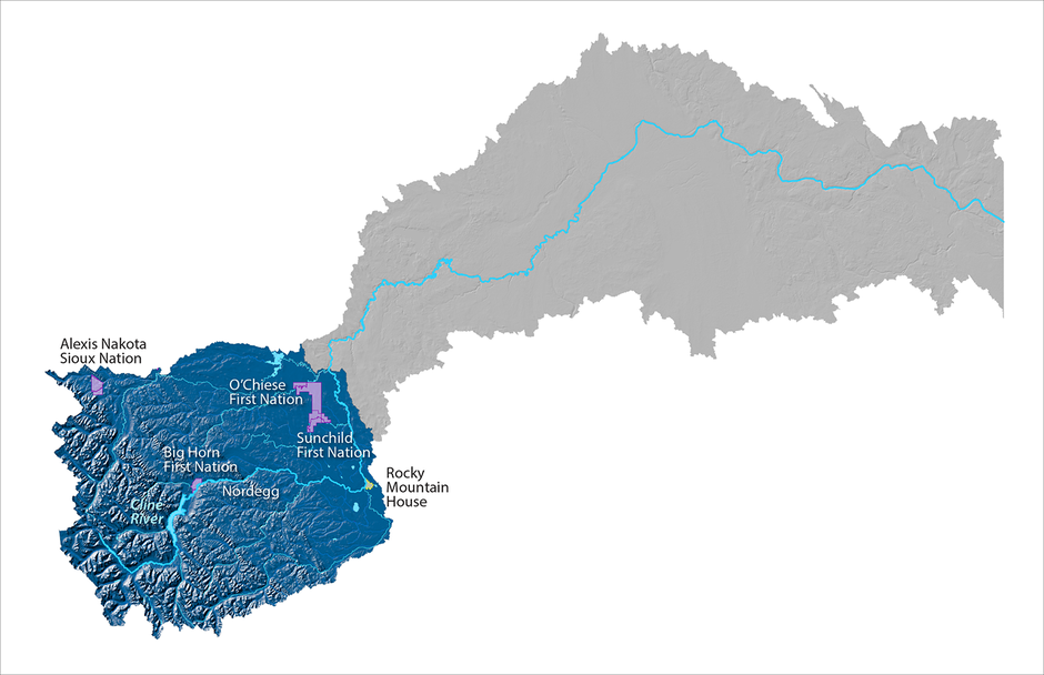 Map of the Alpine Reach of the North Saskatchewan River Watershed is highlighted in blue, while the rest of the map is greyed out. Some place names of indigenous reserves, waterbodies and urban areas are indicated, including Cline River, Rocky Mountain Ho