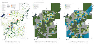 3 maps of Edmonton show Open Space Classification, 2017 baseline for all open space and Future provision for all open space.