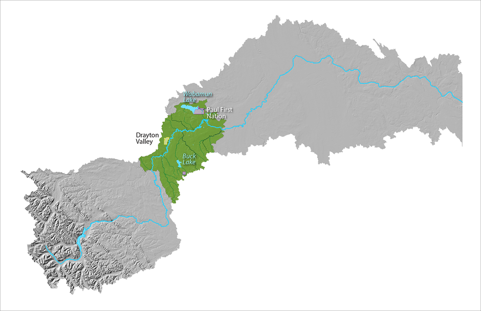 Map of the Foothills Reach of the North Saskatchewan River Watershed is highlighted in green, while the rest of the map is greyed out. Some place names of indigenous reserves, waterbodies, and urban areas are indicated, including Drayton Valley, Wabamun L