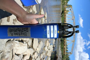 A data sonde from the Baptiste River. Sondes measure general water quality parameters, including water temperature, specific conductivity, pH, turbidity, and dissolved oxygen.