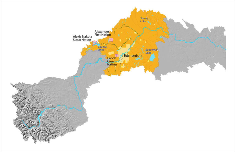 Map of the Parkland Reach of the North Saskatchewan River Watershed is highlighted in yellow, while the rest of the map is greyed out. Some place names of indigenous reserves, lakes and urban areas are indicated, including Edmonton, Alexander First Nation