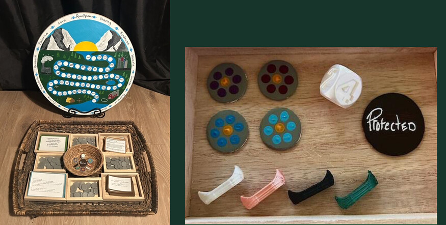 Round painted boardgame with cards in a wooden box. Another box shows the player pieces which are canoes or flower rocks, a dice and rock that says "Protected".