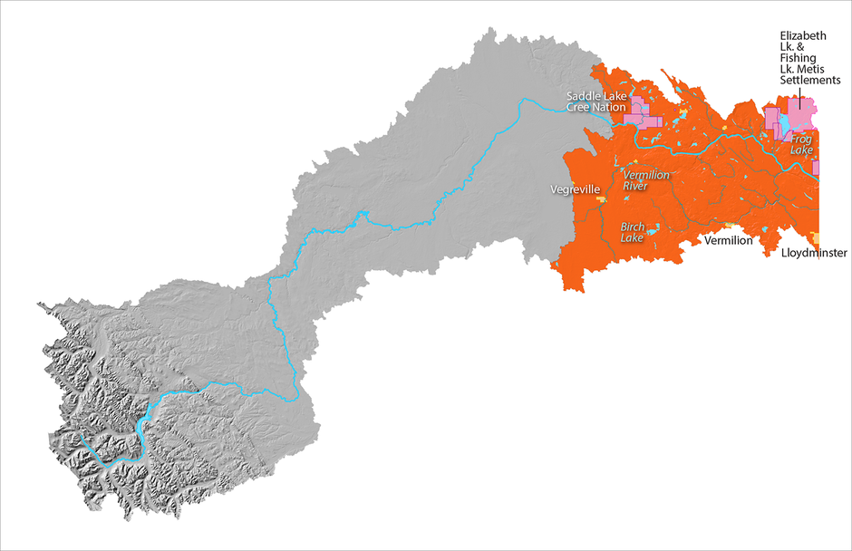 Map of the Prairie Reach of the North Saskatchewan River Watershed is highlighted in blue, while the rest of the map is greyed out. Some place names of indigenous reserves, waterbodies and urban areas are indicated, including the Vermilion River, Vegrevil
