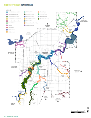 Map of Edmonton's 21 reaches using different colours to distinguish them.