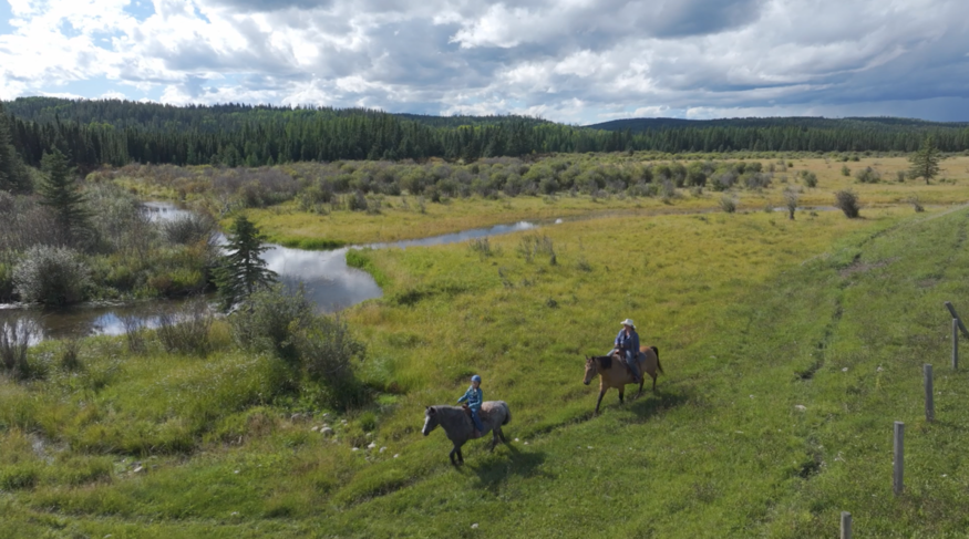 Aerial shot of two people riding horseback not far from a river.