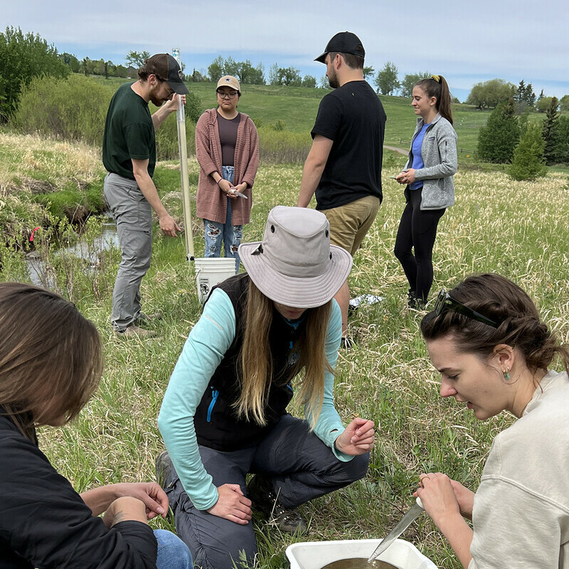 2 groups of young people doing water sampling on grassy area.